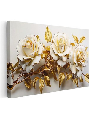 Tablofest Yatay Kanvas Tablo Kabartma Görünümlü Üçlü Güller Çiçek Tablosu Ev Ofis Duvar Dekoru