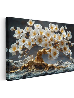 Tablofest Yatay Kanvas Tablo Kayalar Üzerinde Altın Çiçekli Ağaç Çiçek Tablosu Ev Ofis Duvar Dekoru