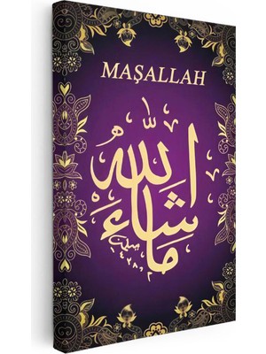 Tablofest Dikey Kanvas Tablo Maşallah Yazısı Mor Zemin Süslemeli Dini Islami Tablo Ev Ofis Duvar Dekoru