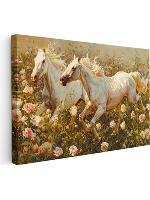 Tablofest Yatay Kanvas Tablo Gül Bahçesindeki Atlar At Tablosu Ev Ofis Duvar Dekoru