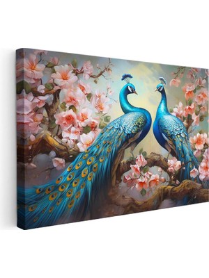 Tablofest Yatay Kanvas Tablo Çiçekli Dalda Tavus Kuşları Tavus Kuşu Tablosu Ev Ofis Duvar Dekoru
