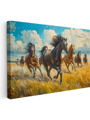 Tablofest Yatay Kanvas Tablo Sarı Otlar ve At Sürüsü At Tablosu Ev Ofis Duvar Dekoru