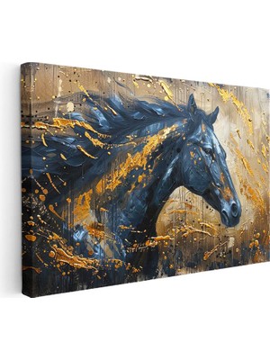 Tablofest Yatay Kanvas Tablo Altın Boya Efektli Siyah At At Tablosu Ev Ofis Duvar Dekoru
