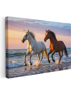 Tablofest Yatay Kanvas Tablo Deniz Kıyısı At Tablosu Ev Ofis Duvar Dekoru