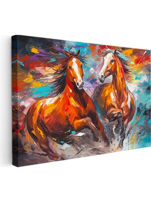 Tablofest Yatay Kanvas Tablo Sanatsal Boyama Tekniği Ikili At Tablosu Ev Ofis Duvar Dekoru