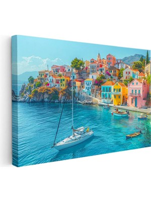 Tablofest Yatay Kanvas Tablo Renkli Sahil Kasabası ve Tekneler Şehir Mimari Tablo Ev Ofis Duvar Dekoru