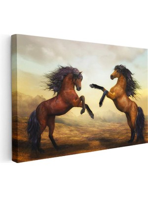 Tablofest Yatay Kanvas Tablo Karşı Karşıya Vahşi Atlar At Tablosu Ev Ofis Duvar Dekoru
