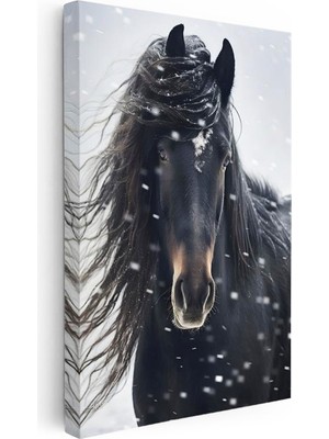 Tablofest Dikey Kanvas Tablo Kış Temalı Yeleli At Tablosu Ev Ofis Duvar Dekoru