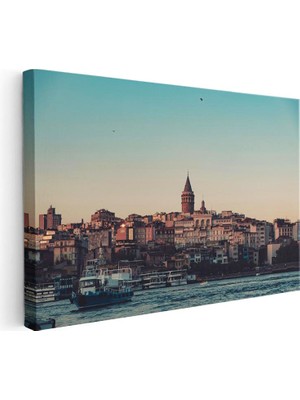 Tablofest Yatay Kanvas Tablo Galata Kulesi ve Gün Batımı Silüeti Şehir Mimari Tablo Ev Ofis Duvar Dekoru