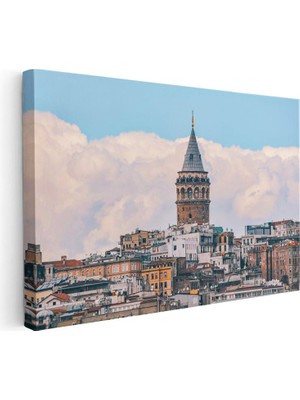 Tablofest Yatay Kanvas Tablo Galata Kulesi ve Bulutlu Gökyüzü Şehir Mimari Tablo Ev Ofis Duvar Dekoru