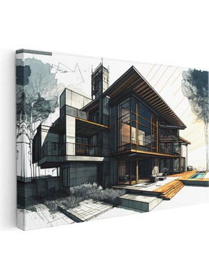 Tablofest Yatay Kanvas Tablo Havuzlu Villa Mimari Teknik Çizimi Mimar Tablosu Ev Ofis Duvar Dekoru