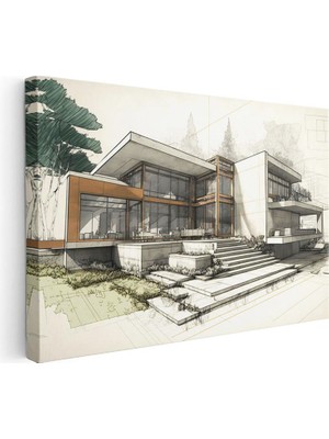 Tablofest Yatay Kanvas Tablo Modern Villa Mimari Tasarım Eskizi Mimar Tablosu Ev Ofis Duvar Dekoru