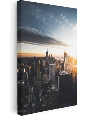 Tablofest Dikey Kanvas Tablo New York Şehir Silueti ve Güneş Şehir Mimari Tablo Ev Ofis Duvar Dekoru