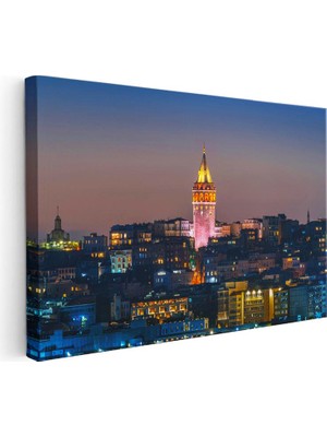 Tablofest Yatay Kanvas Tablo Galata Kulesi Gece Şehir Işıltısı Şehir Mimari Tablo Ev Ofis Duvar Dekoru