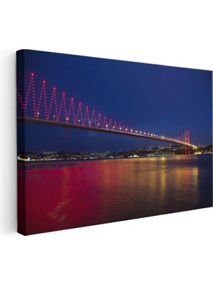 Tablofest Yatay Kanvas Tablo Boğaz Köprüsü Kırmızı Gece Yansımaları Şehir Mimari Tablo Ev Ofis Duvar Dekoru