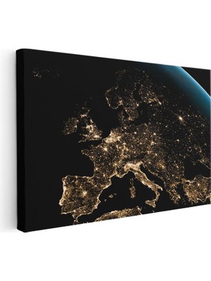 Tablofest Yatay Kanvas Tablo Gece Dünya Haritası ve Şehir Işıkları Manzara Tablosu Ev Ofis Duvar Dekoru