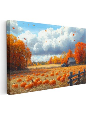 Tablofest Yatay Kanvas Tablo Sonbahar Hasat Zamanı ve Çiftlik Evi Manzara Tablosu Ev Ofis Duvar Dekoru