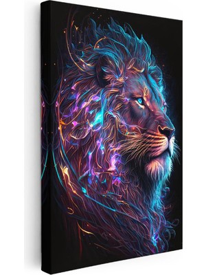 Tablofest Dikey Kanvas Tablo Neon Çizgisel Aslan Tablosu Ev Ofis Duvar Dekoru