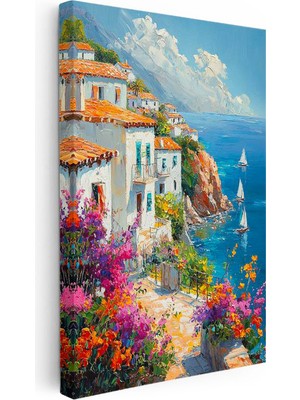 Tablofest Dikey Kanvas Tablo Sahil Kasabası ve Yelkenliler Şehir Mimari Tablo Ev Ofis Duvar Dekoru