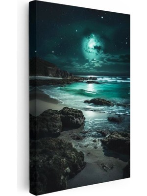 Tablofest Dikey Kanvas Tablo Mistik Yeşil Dolunay ve Kayalık Sahil Manzara Tablosu Ev Ofis Duvar Dekoru
