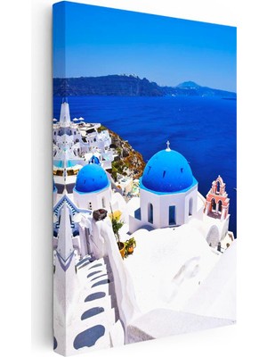 Tablofest Dikey Kanvas Tablo Santorini Mavi Kubbeli Evler Şehir Mimari Tablo Ev Ofis Duvar Dekoru