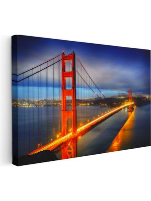Tablofest Yatay Kanvas Tablo Golden Gate Köprüsü Gece Trafiği Şehir Mimari Tablo Ev Ofis Duvar Dekoru