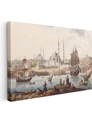 Tablofest Yatay Kanvas Tablo Istanbul Boğazı Tarihi Gemi ve Iskele Sahnesi Ev Ofis Duvar Dekoru