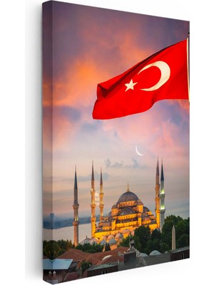 Tablofest Dikey Kanvas Tablo Dalgalanan Türk Bayrağı ve Cami Şehir Mimari Tablo Ev Ofis Duvar Dekoru