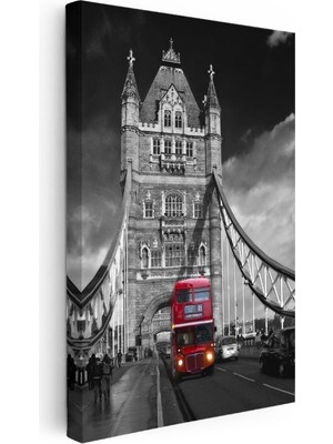 Tablofest Dikey Kanvas Tablo Londra Tower Bridge ve Otobüs Şehir Mimari Tablo Ev Ofis Duvar Dekoru