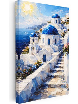 Tablofest Dikey Kanvas Tablo Santorini Adası ve Merdivenli Evler Şehir ve Mimari Tablo Ev Ofis Duvar Dekoru