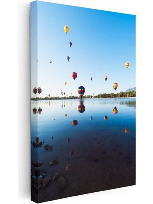 Tablofest Dikey Kanvas Tablo Gölde Süzülen Sıcak Hava Balonları Manzara Tablosu Ev Ofis Duvar Dekoru