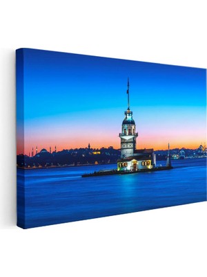 Tablofest Yatay Kanvas Tablo Kız Kulesi Mavi Deniz ve Gün Batımı Şehir Mimari Tablo Ev Ofis Duvar Dekoru