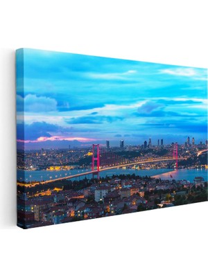 Tablofest Yatay Kanvas Tablo Istanbul Boğaz Köprüsü Gece Şehir Mimari Tablo Ev Ofis Duvar Dekoru