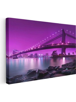 Tablofest Yatay Kanvas Tablo Manhattan Köprüsü Mor Işıklar Şehir Mimari Tablo Ev Ofis Duvar Dekoru