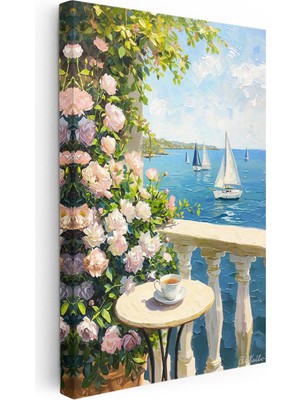 Tablofest Dikey Kanvas Tablo Çiçekli Teras ve Deniz Yelkenlileri Manzara ve Doğa Tablosu Ev Ofis Duvar Dekoru