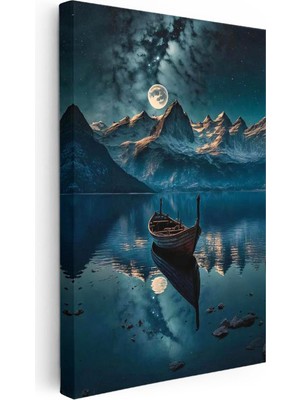 Tablofest Dikey Kanvas Tablo Karlı Dağlar ve Göl Sandalı Manzara ve Doğa Tablosu Ev Ofis Duvar Dekoru