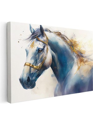 Tablofest Yatay Kanvas Tablo Mavi ve Altın Yaldız Boyalı At Tablosu Ev Ofis Duvar Dekoru