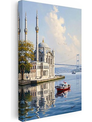 Tablofest Dikey Kanvas Tablo Ortaköy Camii ve Deniz Manzarası Şehir ve Mimari Tablo Ev Ofis Duvar Dekoru