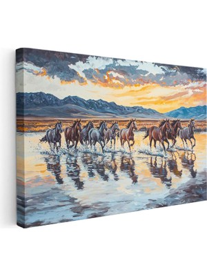 Tablofest Yatay Kanvas Tablo Yağlı Boya Görünümlü At Sürüsü At Tablosu Ev Ofis Duvar Dekoru