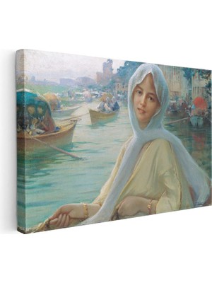 Tablofest Yatay Kanvas Tablo Osmanlı Kayıkta Kadın Portresi Boğaz Sahnesi Ev Ofis Duvar Dekoru