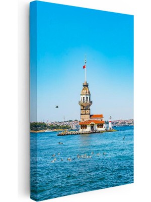 Tablofest Dikey Kanvas Tablo Kız Kulesi ve Mavi Deniz Manzarası Şehir Mimari Tablo Ev Ofis Duvar Dekoru