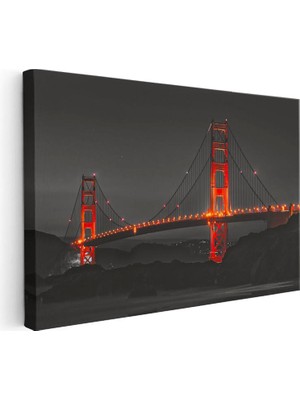 Tablofest Yatay Kanvas Tablo Golden Gate Köprüsü Gece Aydınlatması Şehir Mimari Tablo Ev Ofis Duvar Dekoru