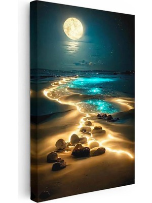 Tablofest Dikey Kanvas Tablo Gece Sahili Ay Işığı ve Kayalıklar Manzara ve Doğa Tablosu Ev Ofis Duvar Dekoru