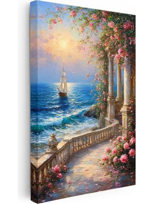 Tablofest Dikey Kanvas Tablo Güllü Sütunlu Sahil ve Yelkenli Manzara ve Doğa Tablosu Ev Ofis Duvar Dekoru