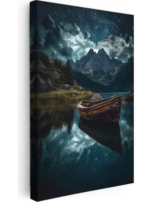 Tablofest Dikey Kanvas Tablo Yıldızlı Gece Gölde Ahşap Sandal Manzara Tablosu Ev Ofis Duvar Dekoru
