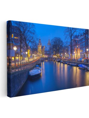 Tablofest Yatay Kanvas Tablo Amsterdam Kanalı Gece Manzarası Şehir Mimari Tablo Ev Ofis Duvar Dekoru