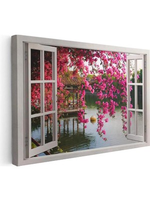 Tablofest Yatay Kanvas Tablo Pencere Önü Pembe Çiçekli Göl Manzara ve Doğa Tablosu Ev Ofis Duvar Dekoru