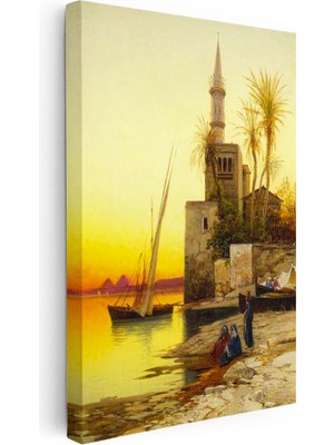 Tablofest Dikey Kanvas Tablo Nehir Kıyısı ve Piramitler Osmanlı Tablosu Ev Ofis Duvar Dekoru