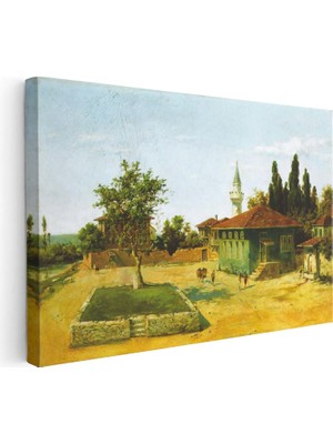 Tablofest Yatay Kanvas Tablo Osmanlı Kırsal Yerleşim ve Cami Avlusu Sahnesi Ev Ofis Duvar Dekoru