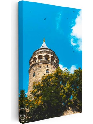 Tablofest Dikey Kanvas Tablo Galata Kulesi ve Yeşil Ağaçlar Şehir Mimari Tablo Ev Ofis Duvar Dekoru